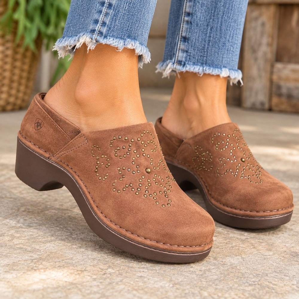 Ariat Suede Clogs Womens 8 Brown Studded Floral Western Boho Cowgirl Shoes